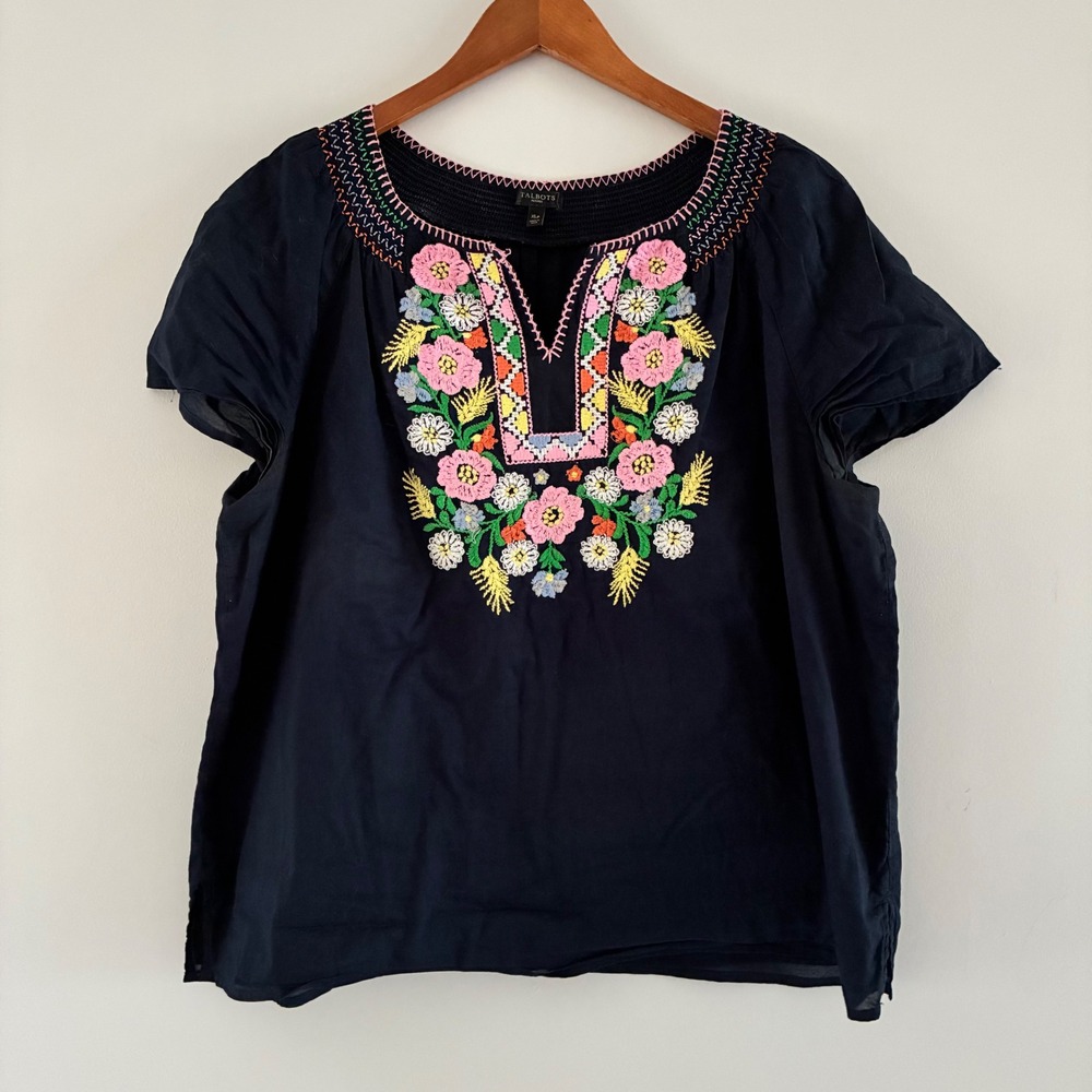 Talbots Blouse XLp Navy Blue Floral Embroidered Smocked Peasant Top Boho Cottage